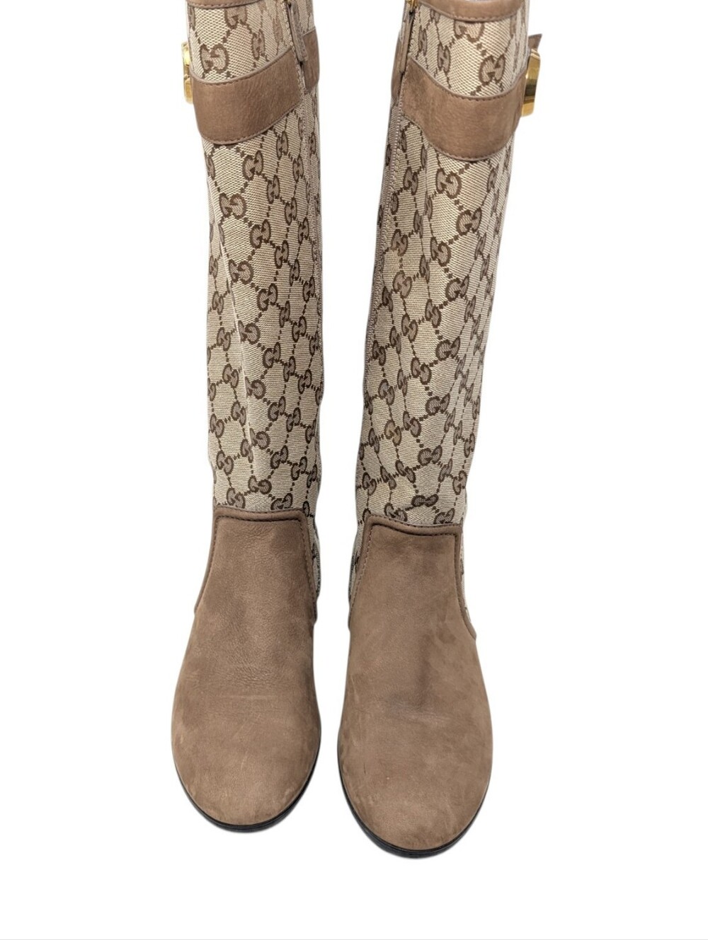 Gucci Monogram Beige Brown Canvas Suede Knee High Flat Riding Boots Size EU 37.5 - Picture 4 of 14
